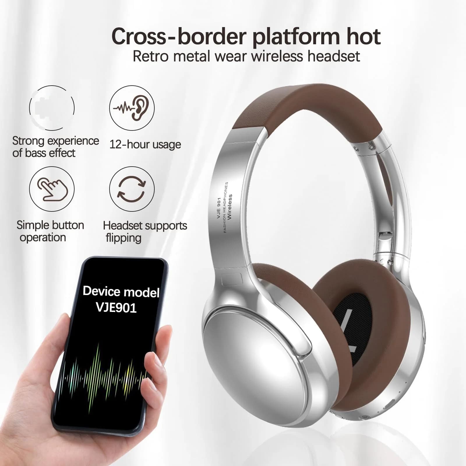 Cuffie Wireless Bluetooth Retro Over-Ear Stereo con Microfono