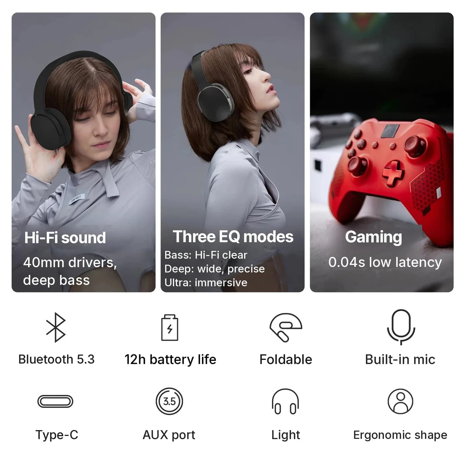 Cuffie Bluetooth Wireless Over-Ear con Tre Modalità EQ e Microfono