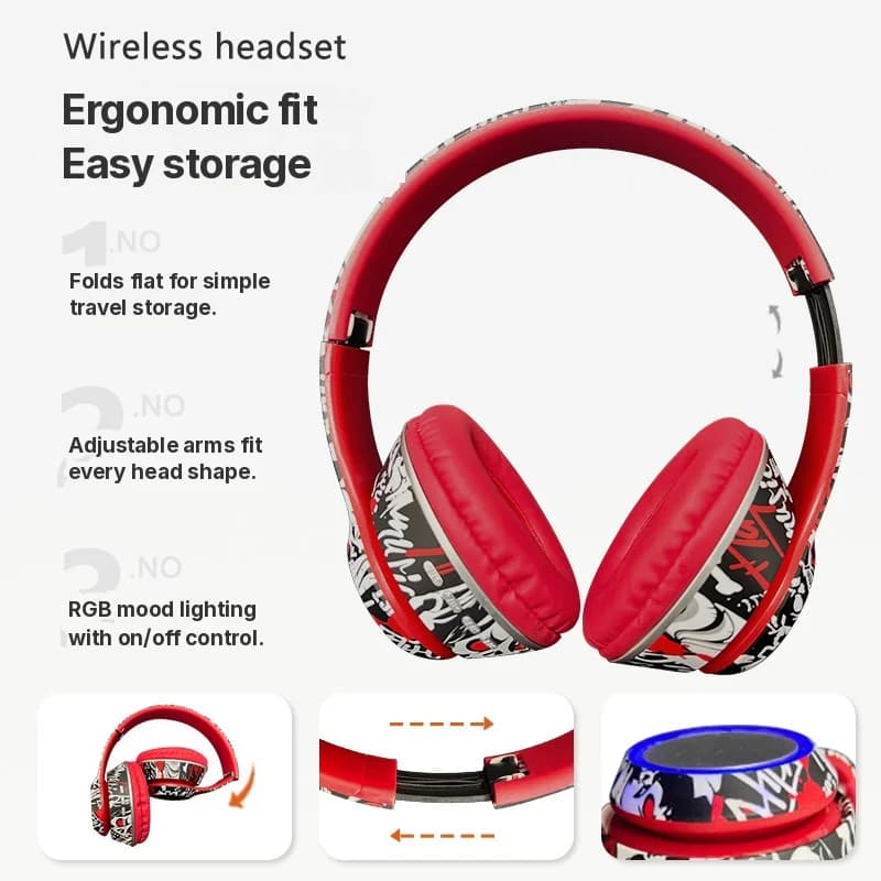 Cuffie Bluetooth Over-Ear Graffiti con Luci LED e Bassi Profondi