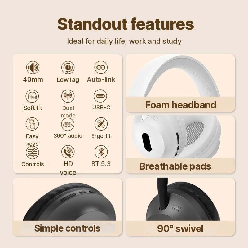 Cuffie Wireless Bluetooth Over-Ear con Microfono e Cavo Audio 3.5mm