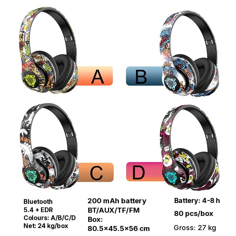 Cuffie Wireless Bluetooth Circumaurali Pieghevoli Design Graffiti