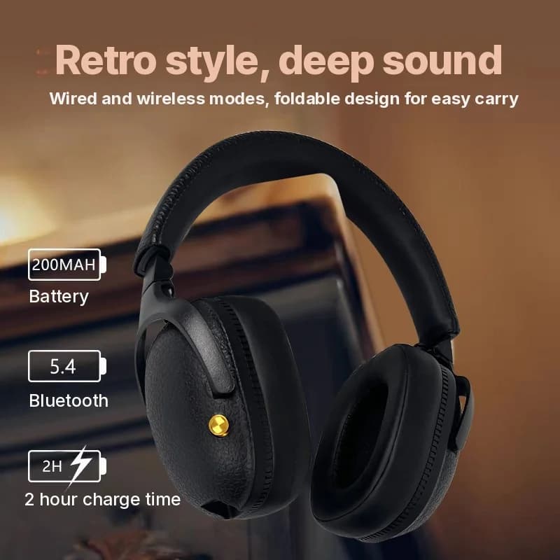 Cuffie Wireless Over-Ear Retro con Ricarica Type-C e Slot per Scheda TF