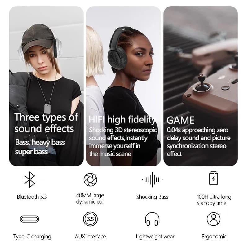 Cuffie Wireless Bluetooth Over-Ear con Radio FM e Riduzione del Rumore